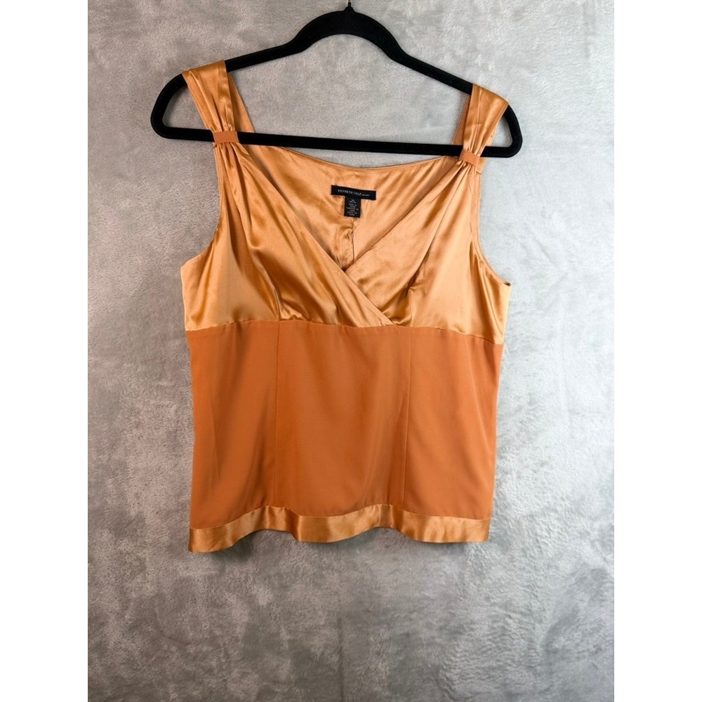 KENNETH COLE Tank Top Women 10 Gold Satin V Neck Sleeveless Evening Blouse